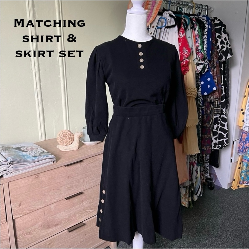 Black Coord Modest Matching Set Cotton Puff Sleeve Shirt Knee-Length Midi Skirt
